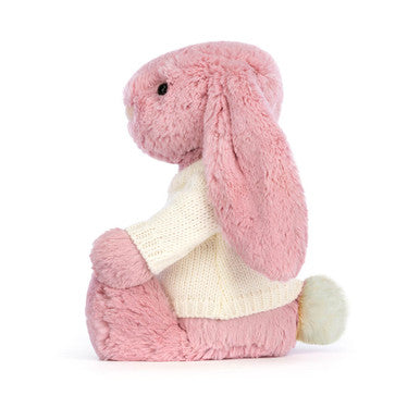 Lapin rose tulipe timide avec pull crème personnalisé