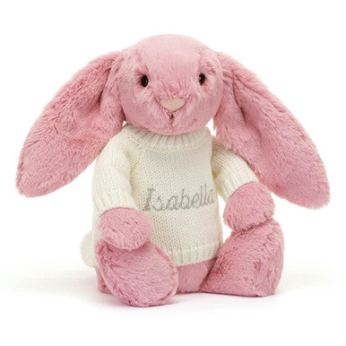 Lapin rose tulipe timide avec pull crème personnalisé