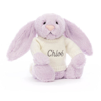 Lapin lilas timide avec pull crème personnalisé