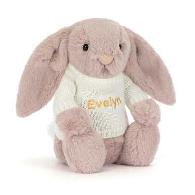 Bashful Luxe Bunny Rosa avec pull crème personnalisé