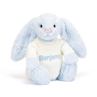 Lapin bleu timide avec pull crème personnalisé