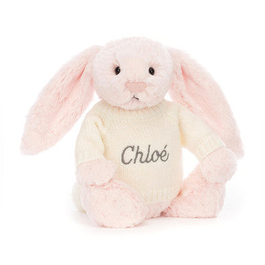 Lapin rose timide avec pull crème personnalisé