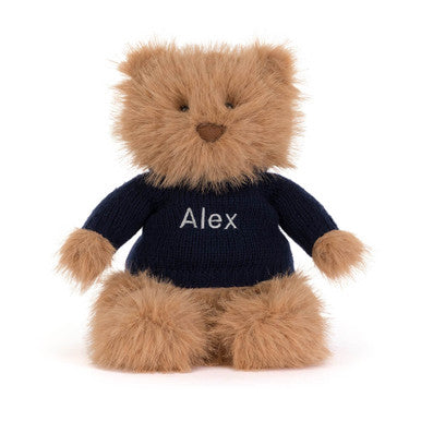Bouffant ours Bartholomew avec pull bleu marine personnalisé