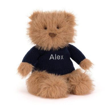 Bouffant ours Bartholomew avec pull bleu marine personnalisé