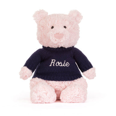 Ours Leola avec pull bleu marine personnalisé