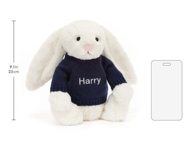 Lapin crème timide avec pull bleu marine personnalisé