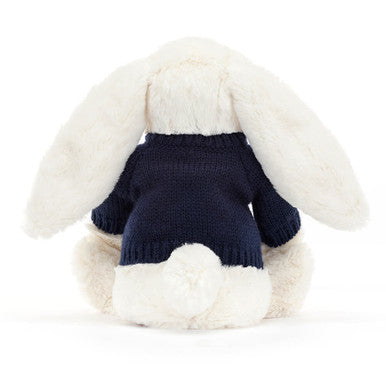 Lapin crème timide avec pull bleu marine personnalisé