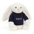 Lapin crème timide avec pull bleu marine personnalisé