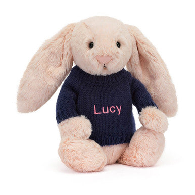 Lapin timide timide avec pull bleu marine personnalisé