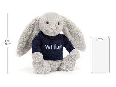 Lapin argenté timide avec pull bleu marine personnalisé