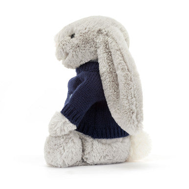 Lapin argenté timide avec pull bleu marine personnalisé
