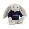 Lapin argenté timide avec pull bleu marine personnalisé