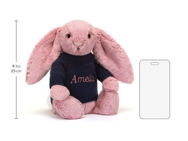 Lapin rose tulipe timide avec pull bleu marine personnalisé