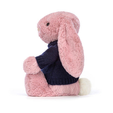 Lapin rose tulipe timide avec pull bleu marine personnalisé