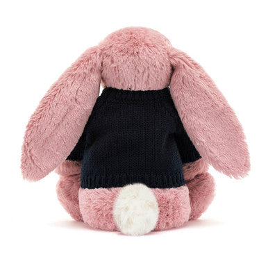 Lapin rose tulipe timide avec pull bleu marine personnalisé