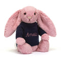 Lapin rose tulipe timide avec pull bleu marine personnalisé