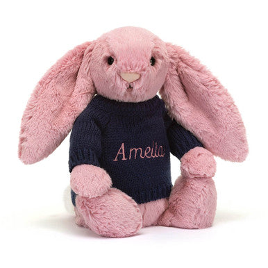 Lapin rose tulipe timide avec pull bleu marine personnalisé