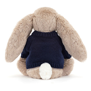 Lapin beige timide avec pull bleu marine personnalisé