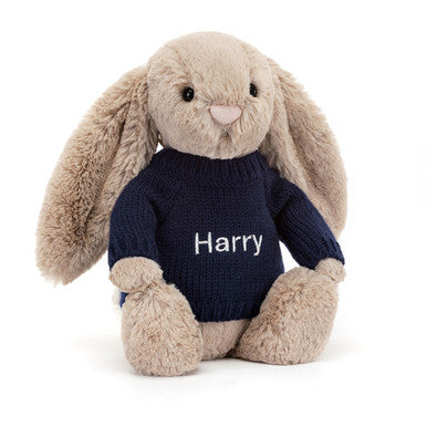 Lapin beige timide avec pull bleu marine personnalisé