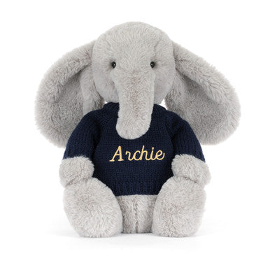 Bashful Luxe Elephant Thuddeus avec pull bleu marine personnalisé