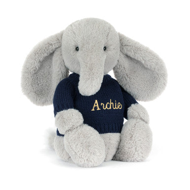 Bashful Luxe Elephant Thuddeus avec pull bleu marine personnalisé