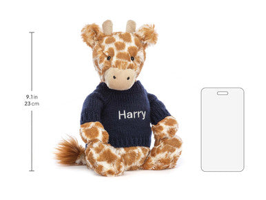 Girafe timide avec pull bleu marine personnalisé