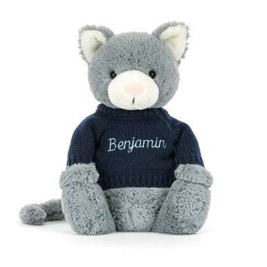 Chaton timide avec pull bleu marine personnalisé