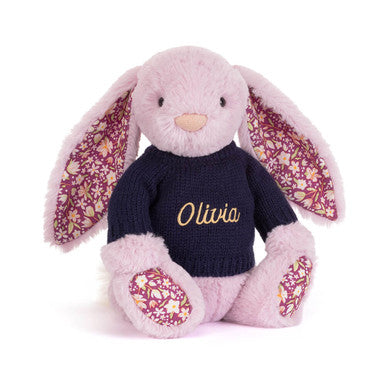 Thistlepop Blossom Luxe Bunny avec pull bleu marine personnalisé