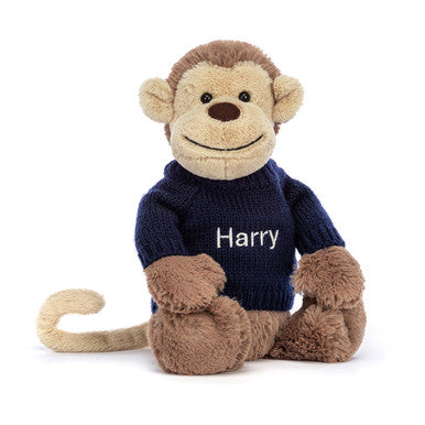 Singe timide avec pull bleu marine personnalisé