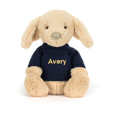 Bashful Luxe Puppy Orlando avec pull bleu marine personnalisé