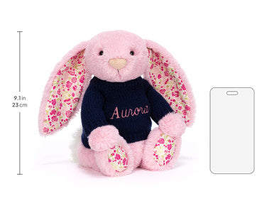 Blushkin Blossom Luxe Bunny avec pull bleu marine personnalisé