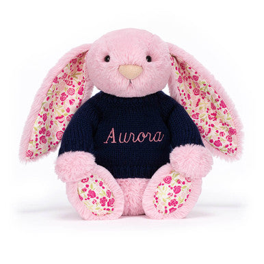 Blushkin Blossom Luxe Bunny avec pull bleu marine personnalisé