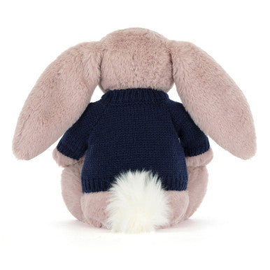 Bashful Luxe Bunny Rosa avec pull bleu marine personnalisé