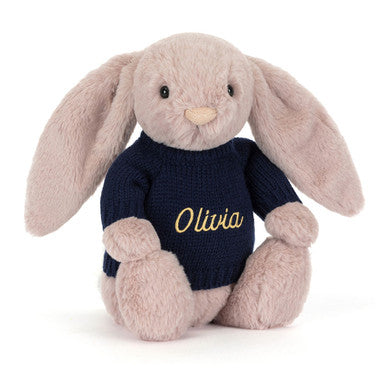 Bashful Luxe Bunny Rosa avec pull bleu marine personnalisé
