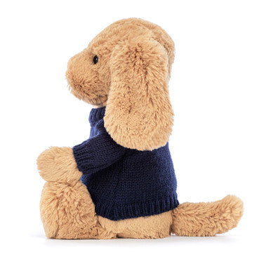 Chiot timide au caramel avec pull bleu marine personnalisé