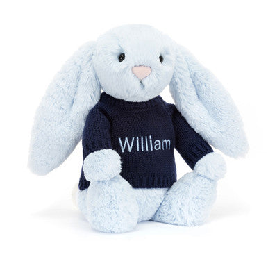 Lapin bleu timide avec pull bleu marine personnalisé