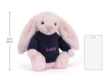 Lapin rose timide avec pull bleu marine personnalisé