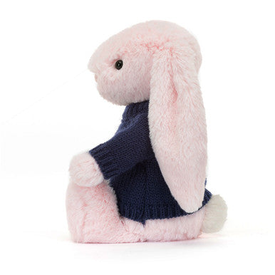 Lapin rose timide avec pull bleu marine personnalisé