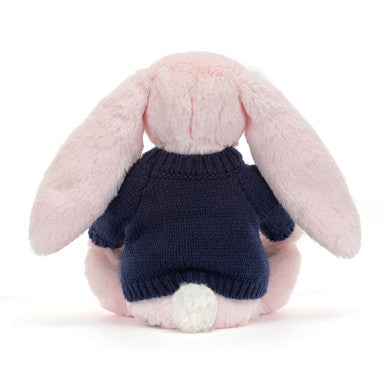 Lapin rose timide avec pull bleu marine personnalisé