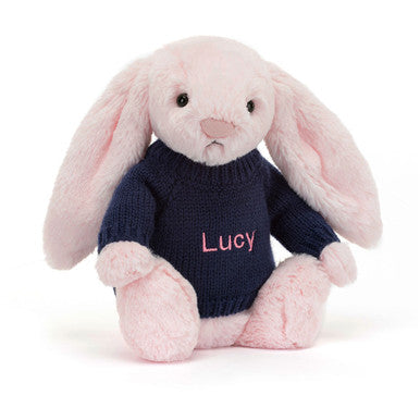 Lapin rose timide avec pull bleu marine personnalisé