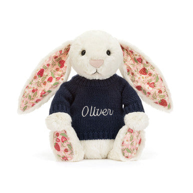 Blossom Cream Bunny 'Berry' avec pull bleu marine personnalisé
