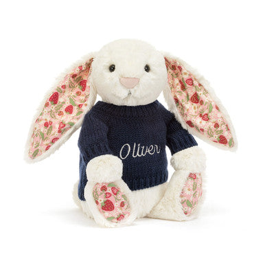 Blossom Cream Bunny 'Berry' avec pull bleu marine personnalisé
