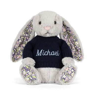 Blossom Silver Bunny 'Bloom' avec pull bleu marine personnalisé