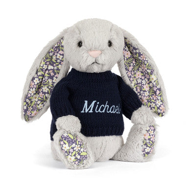 Blossom Silver Bunny 'Bloom' avec pull bleu marine personnalisé