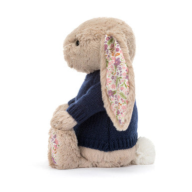 Blossom Beige Bunny 'Petal' avec pull bleu marine personnalisé