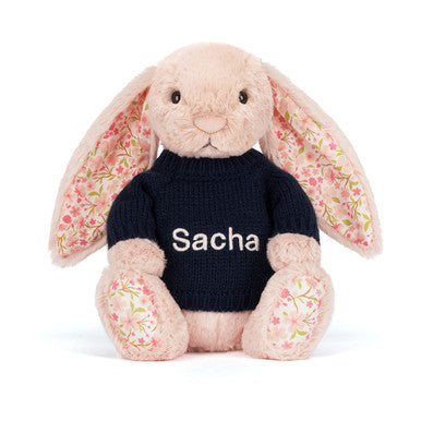 Blossom Blush Bunny 'Cherry' avec pull bleu marine personnalisé
