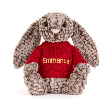 Bashful Luxe Bunny Pine avec pull rouge personnalisé