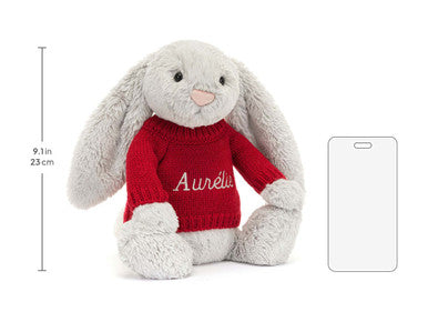 Lapin argenté timide avec pull rouge personnalisé