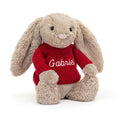Lapin beige timide avec pull rouge personnalisé