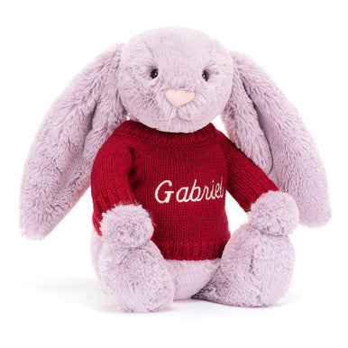 Lapin lilas timide avec pull rouge personnalisé